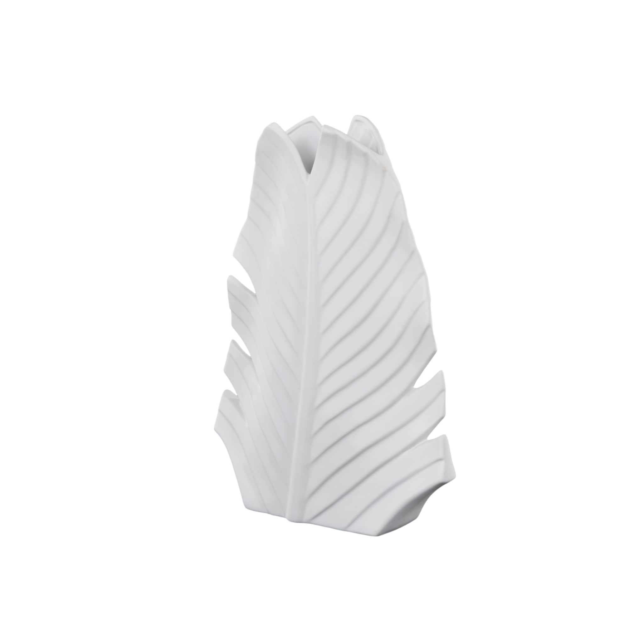 17" White Palm Tree Curved Leaf Decorative Ceramic Vase